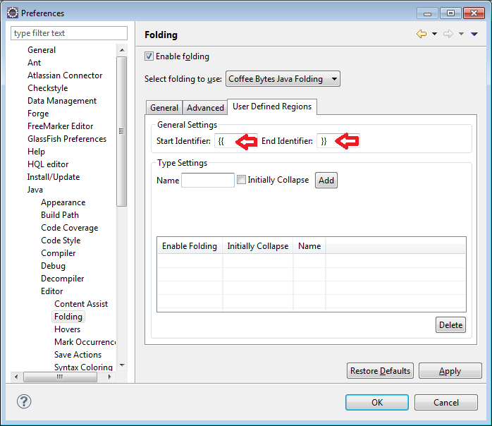 Configure the start and end regions