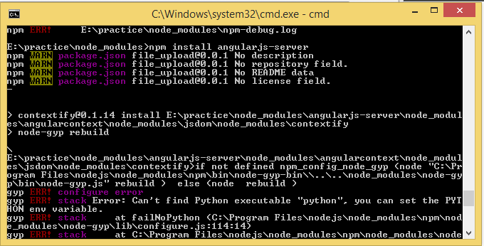 error on installing angularjs-server before python installed